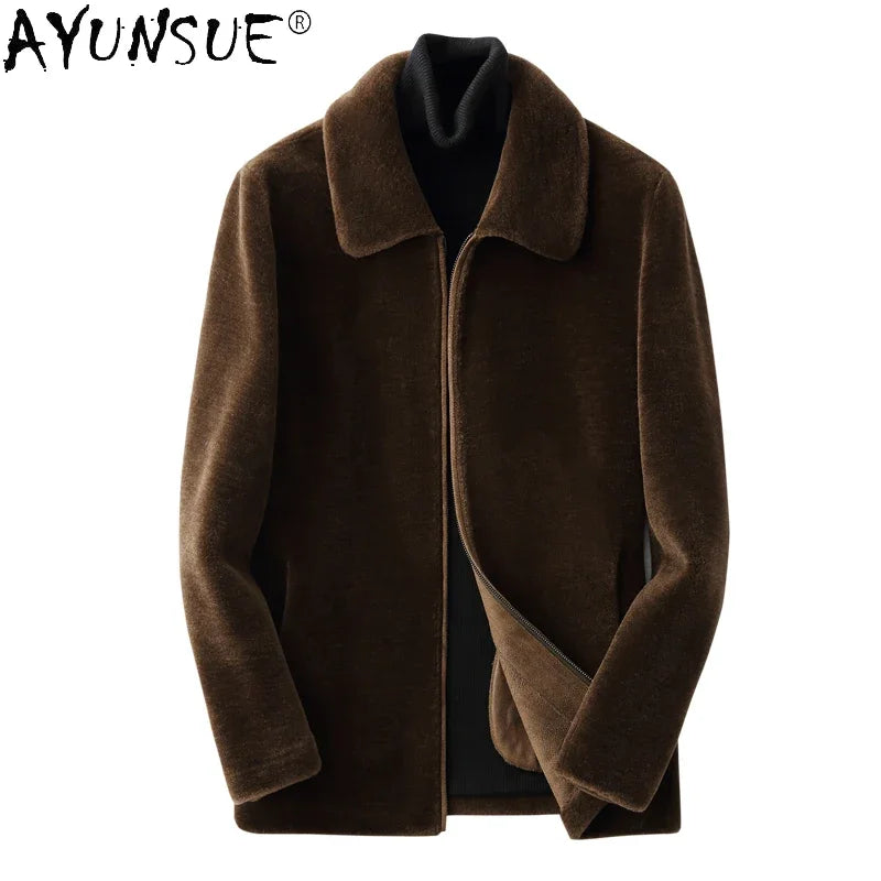 Visco Sheep Shearling Jacket Men Clothes Men's Leather Short Leather Jacket Lapel Wool Fur Men's Thicken Outerwear Winter 2024