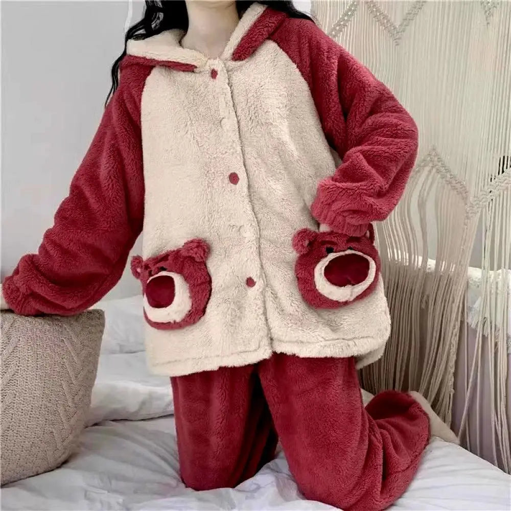 Miniso New Lotso Coral Velvet Girls Coral Velvet Hooded Pajamas Autumn and Winter Thickened Warm Cozy Pajama Set Christmas Gift