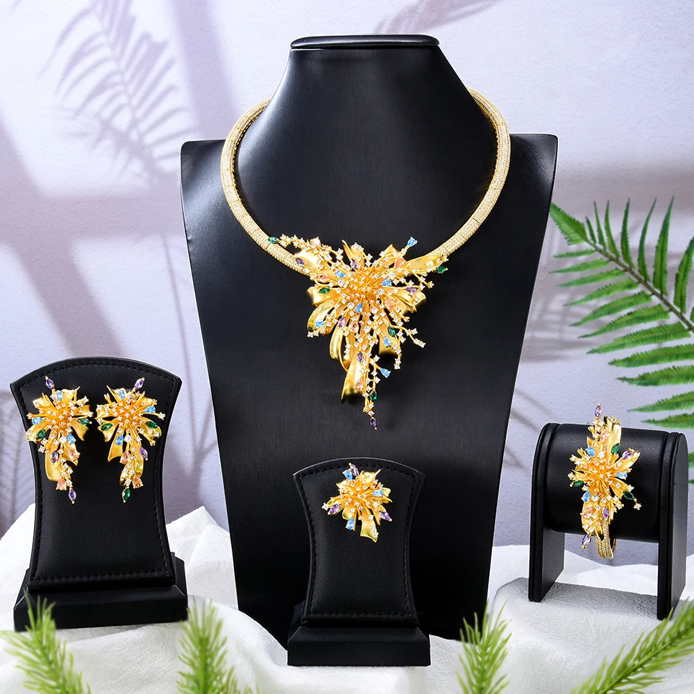 Maxy NEW Luxury 4PCS UAE Rainbow Fireworks Jewelry Set For Women Wedding Party Cubic Bridal Jewelry Set