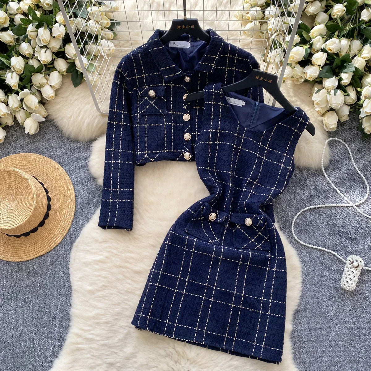Maxy Chic Plaid Women Two-Piece Sets Slim Metal Single Breasted Jacket Top and Sleeveless V-neck Dress Korean High Street Clothing