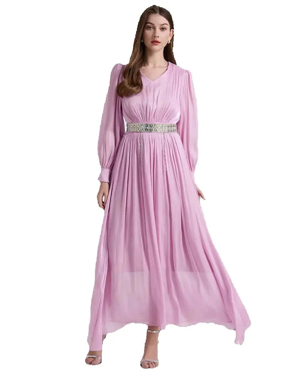 Maxy Solid Beaded Diamonds Ruffle Chiffon Satin Dress for Women‘s V-Neck Long Puff Sleeve Long Maxy Dress Evening Party Robes Femme
