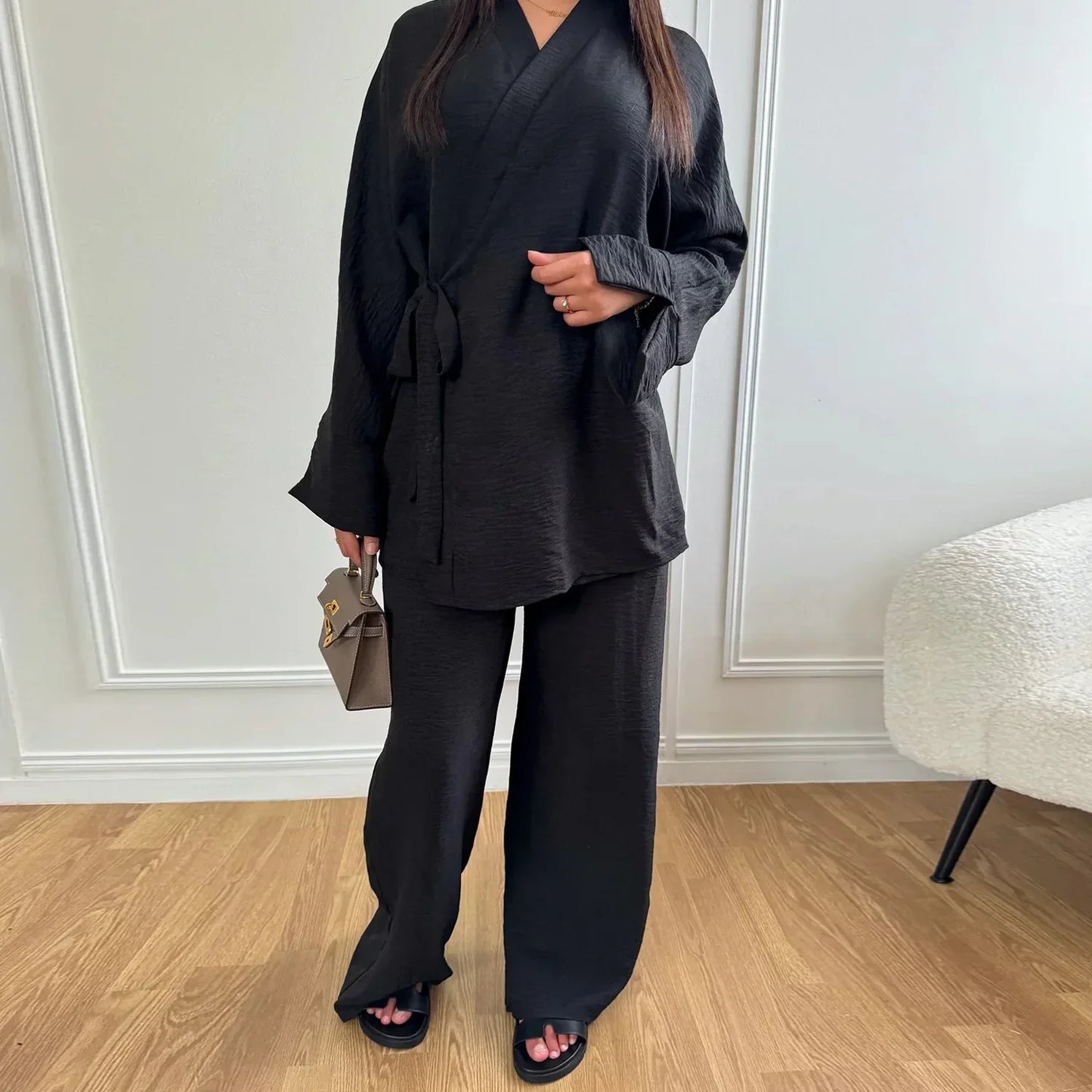 Maxy Plain Abaya Dubai Luxury Muslim Two Piece Set Turkey Top and Pants Suit Sets Ramadan Islamic Modest Outfits Ensembles Musulmans