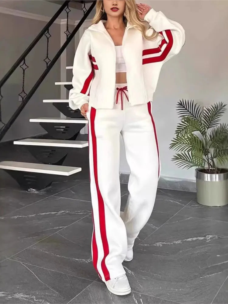 Maxy Fashion Long-sleeved Stand-up Collar Zipper Top + Wide-leg Pants 2-piece Set Women Autumn Striped Splicing Sport Suit Female Y2K