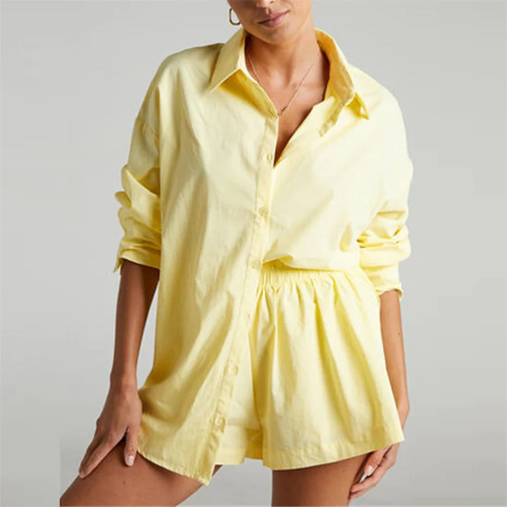 Maxy Women Tracksuits Shirt with Mini Shorts Cotton Two Pieces Sets Fashion Clothing Outfits Women Blouses Fashion Tracksuits