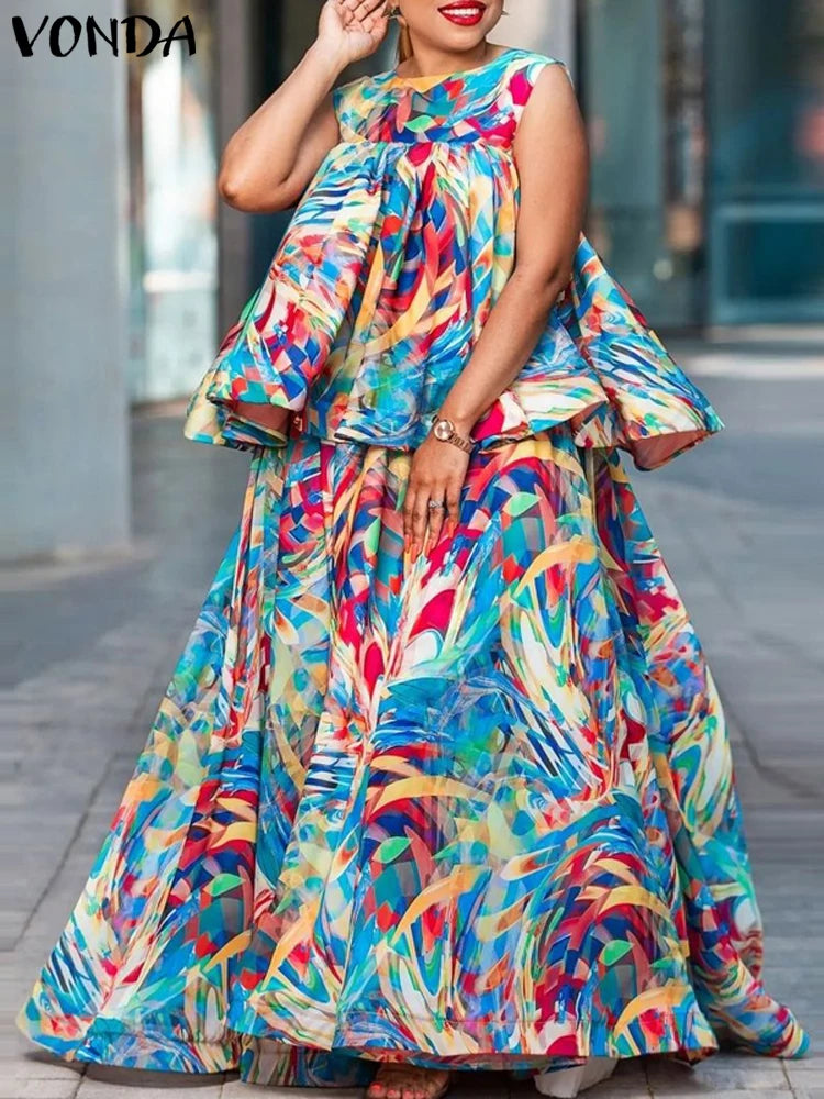 Maxy Plus Size 5XL Skirt Women Dress Sets Summer Sleeveless Tops Printed Sets 2PCS Casual Bohemian Loose Sets