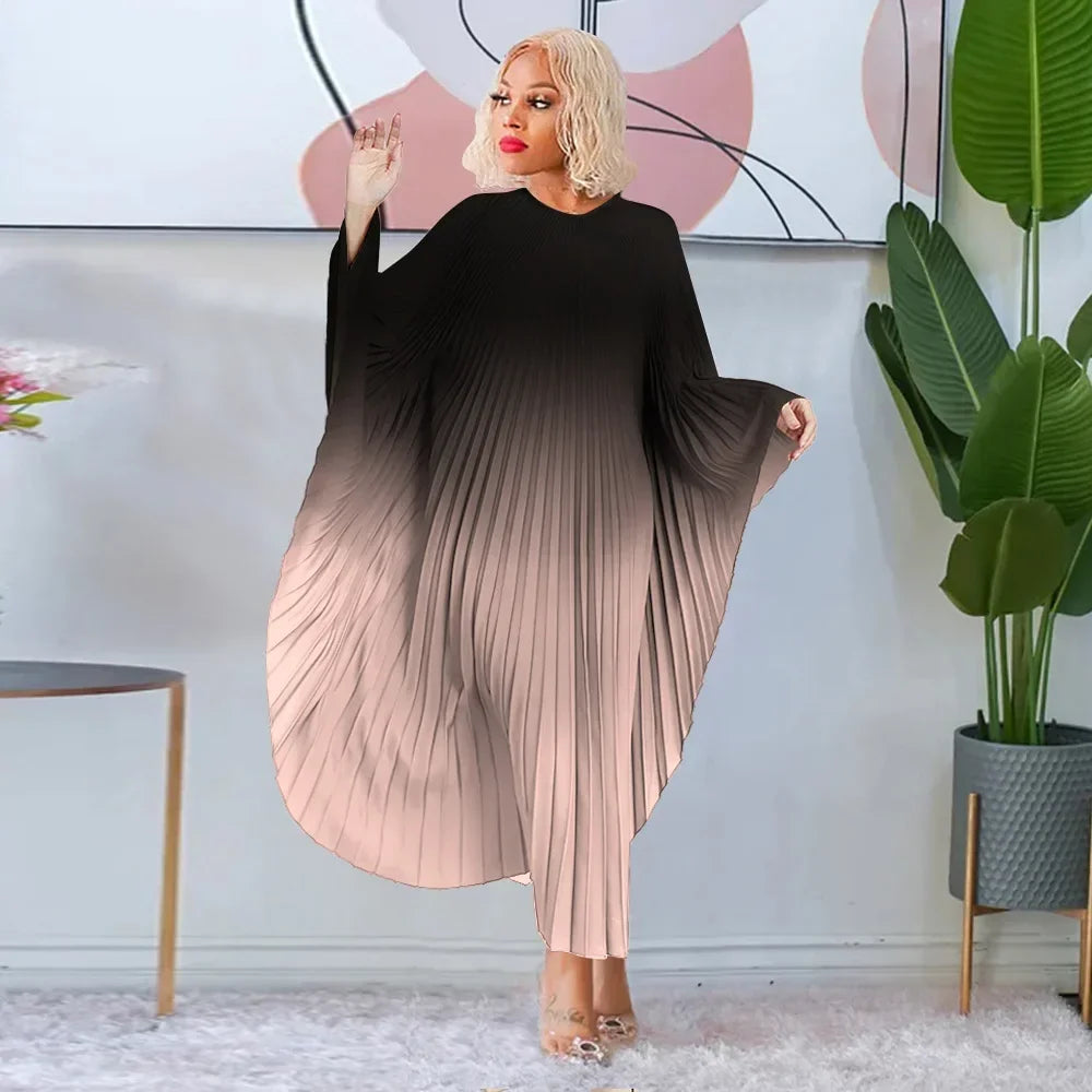 Maxy Fashion Gradient Color Pleated Dress in Spring Stylish and Loose Fit Oversized Printed Bat Sleeves Slimming Long Pleated Dress