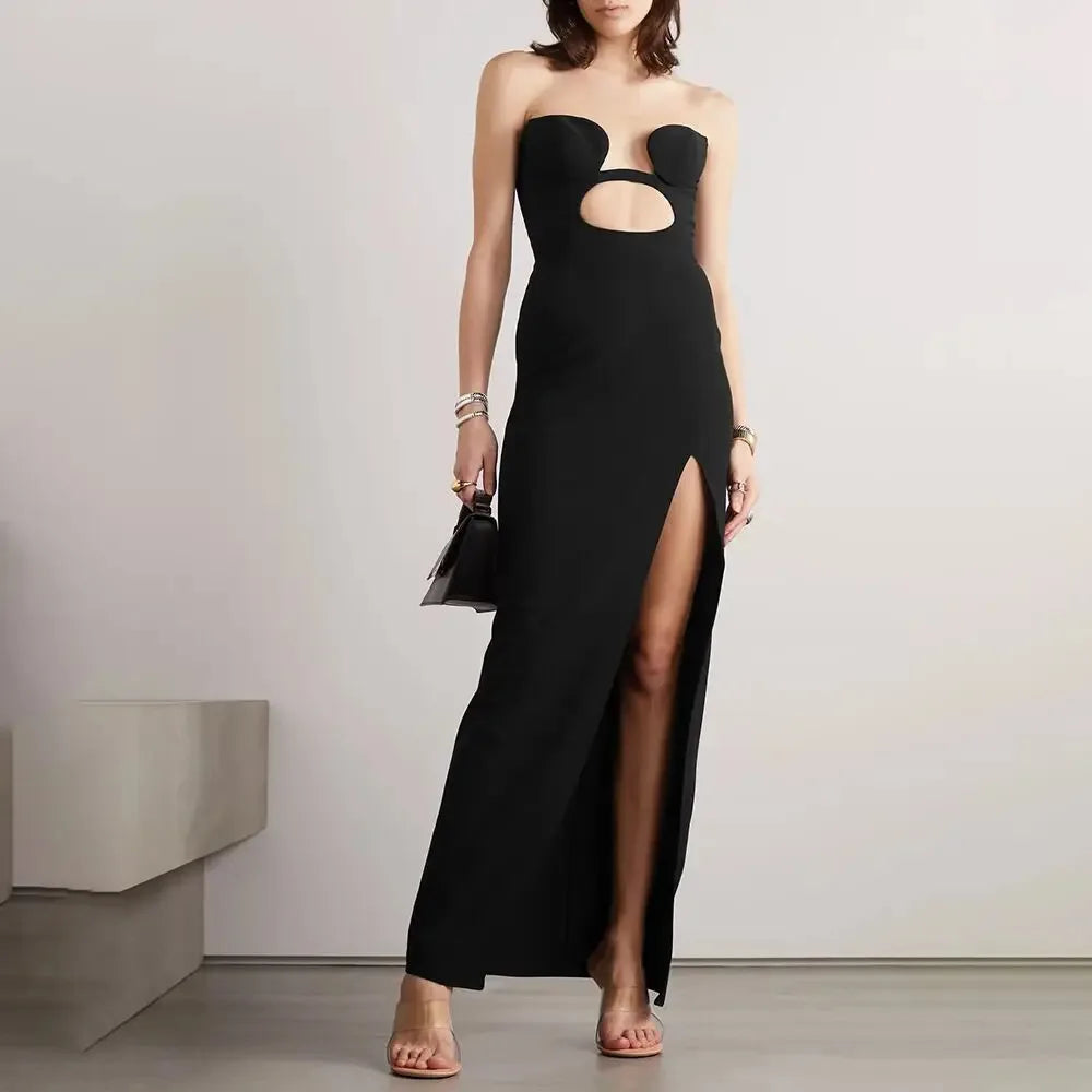 Maxy New Summer Black Strapless Long Split Bandage Dress Sexy Elegant Women's Night Club Celebrity Evening Party Bodycon Dreess