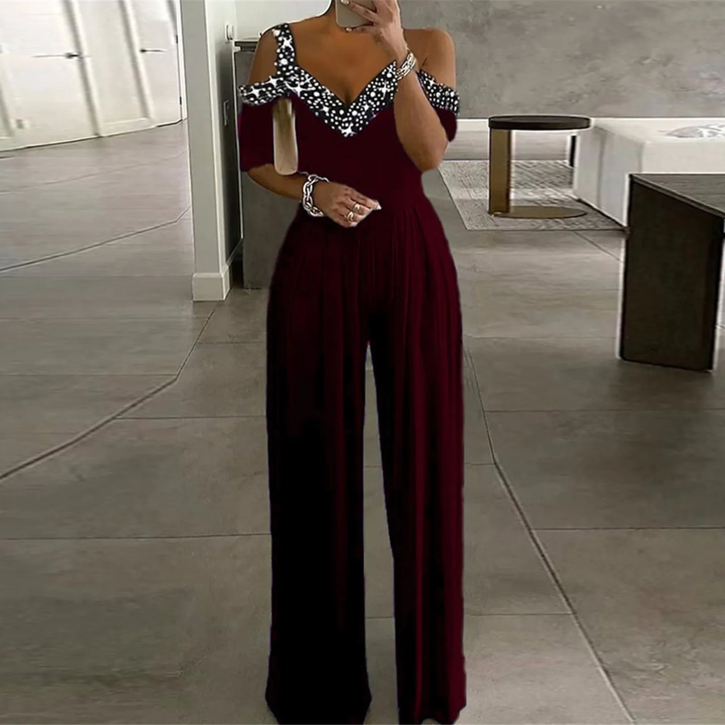 Amay Women's Dress Jumpsuit Daily Casual Wide Leg Waist Jumpsuit Strapless Off-The-Shoulder Patchwork V-Neck Banquet Jumpsuits