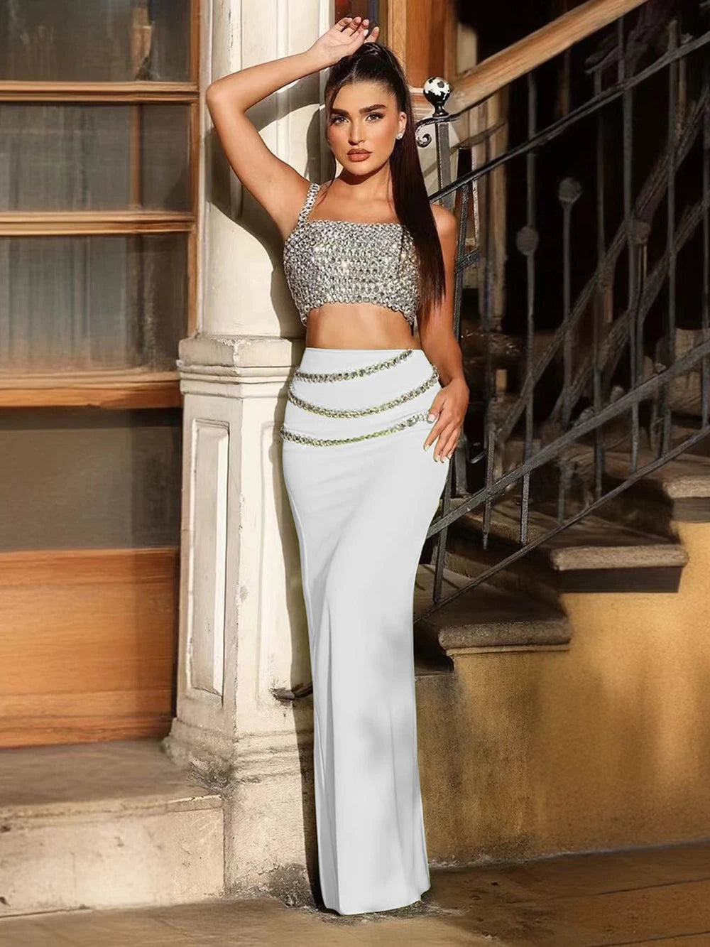 Modphy 2025 New Arrival Crystal Spaghetti Strap Crop Top & Long Skirt Two-Piece Set Bandage Fashion Club Party Gowns Vestidos