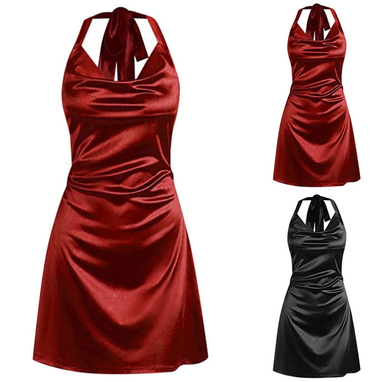 Maxy Satin Slip Dress Women Silk Low Cut Smocked Solid Color Party Dresses Cowl Neck Backless Mini Dress Nightclub Short Vestidos