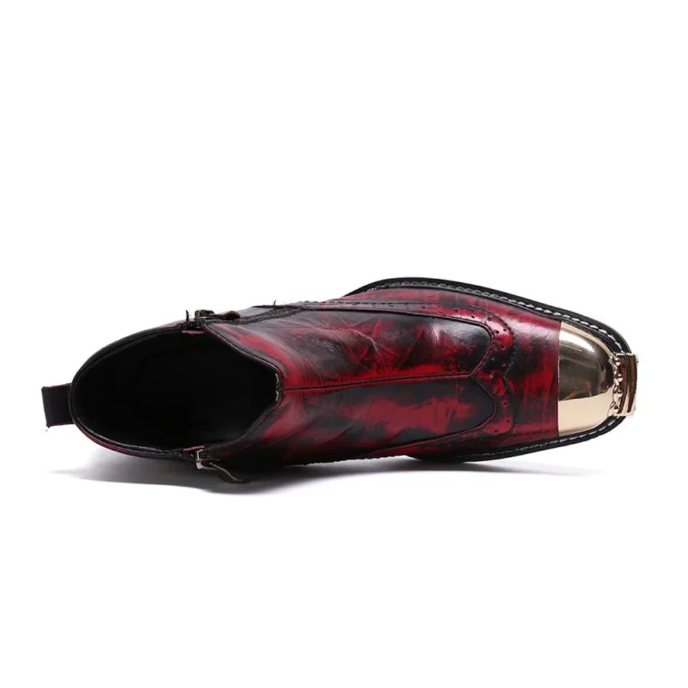 Visco Red Printing Wit Gold Metal Zipper Genuine Leather High Heels Pointed Toe Boots Male Plus Size Fashion Party Wedding Dress Shoes
