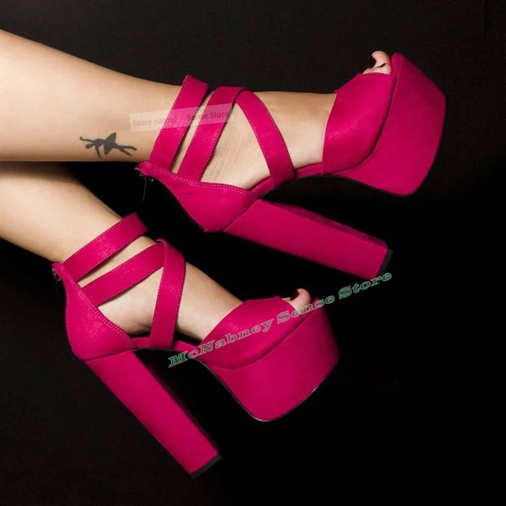 Maxy Peep Toe Thick Sole Sandals Platform Chunky High Heels Solid Buckles Straps Sandals Women Sexy Shoes Summer Party Designer New