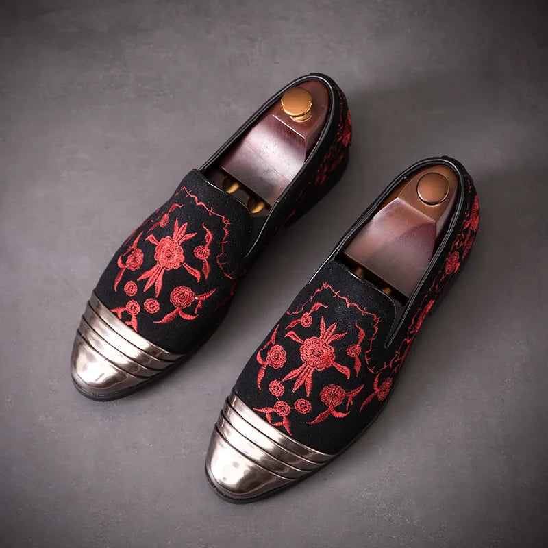 Amay New Fashion Gold Top and Metal Toe Men Velvet Dress shoes italian mens dress shoes Handmade Loafers Party Flats Zapatos