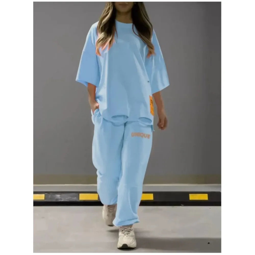 Maxy Summer New Fashion Hollowed Out O Neck T Shirt Women's 2 Piece Set Solid Color Casual Relaxed Tracksuit Pants Pocket Female Suit