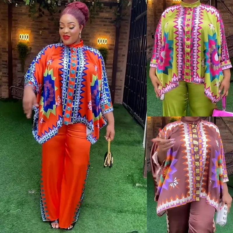 Maxy 2 Piece African Clothes for Women Outfits Summer African 3/4 Sleeve O-neck Print Top Pant Matching Sets Africa Clothing