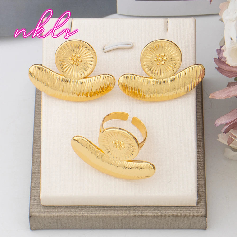 Maxy Gold Color Fashion Earrings and Ring Set Dubai Trend Jewelry Set for Women Luxury Bride Wedding Jewelry Daily Wear Party