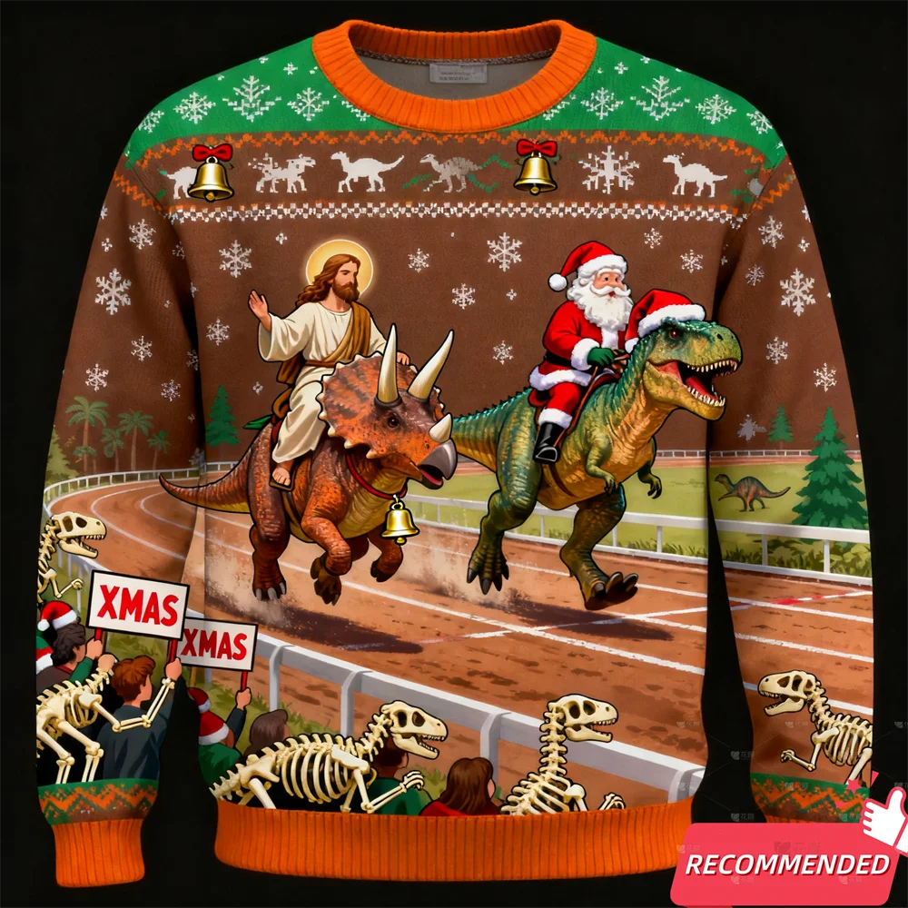 Maxy Christmas Sweatshirt For Men Dinosaur Funny Jesus Santa Ugly Sweater Fashion Unisex Streetwear Xmas Kids Y2k Tracksuit Tops