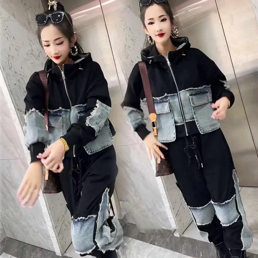 Babs Autumn Denim Women's Pant Set Splice Fashion Loose Oversized Hooded Jacket + Pencil Jeans Two Piece Sets 6XL Trousers Suits