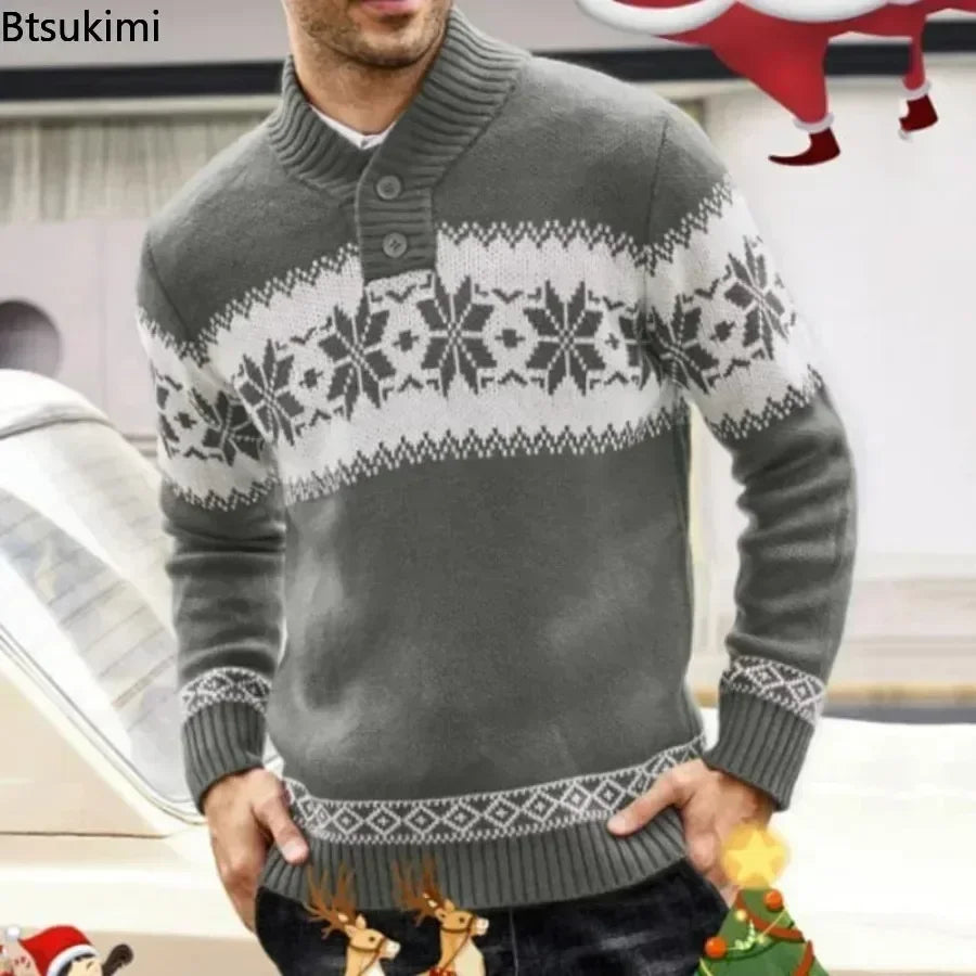 Maxy  Autumn Winter Men's Snowflake Christmas Sweater Knitted Sweater V-Neck Casual Knit Jumpers Pullovers Home Warm Outwear Male