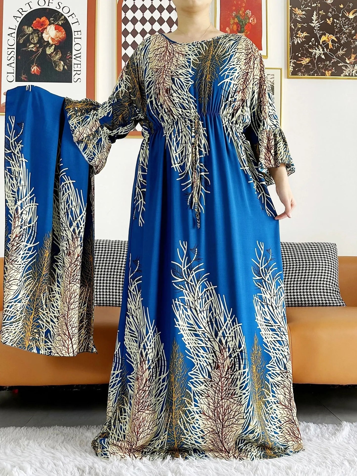 Maxy New Women Long Sleeve Dashiki Dress African Woman Print Turban Kaftan Abaya Ramadan Eid Muslim Hijab Dresses Femme Arabia dress