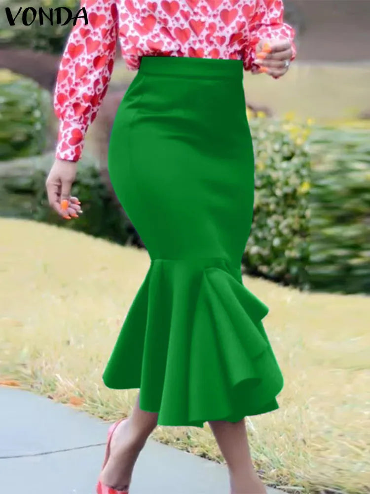 Maxy Plus Size 5XL Autumn Bohemian Fishtail Skirt Women Ruffled Midi Skirts High Waist Casual Solid Color Loose Bottoms