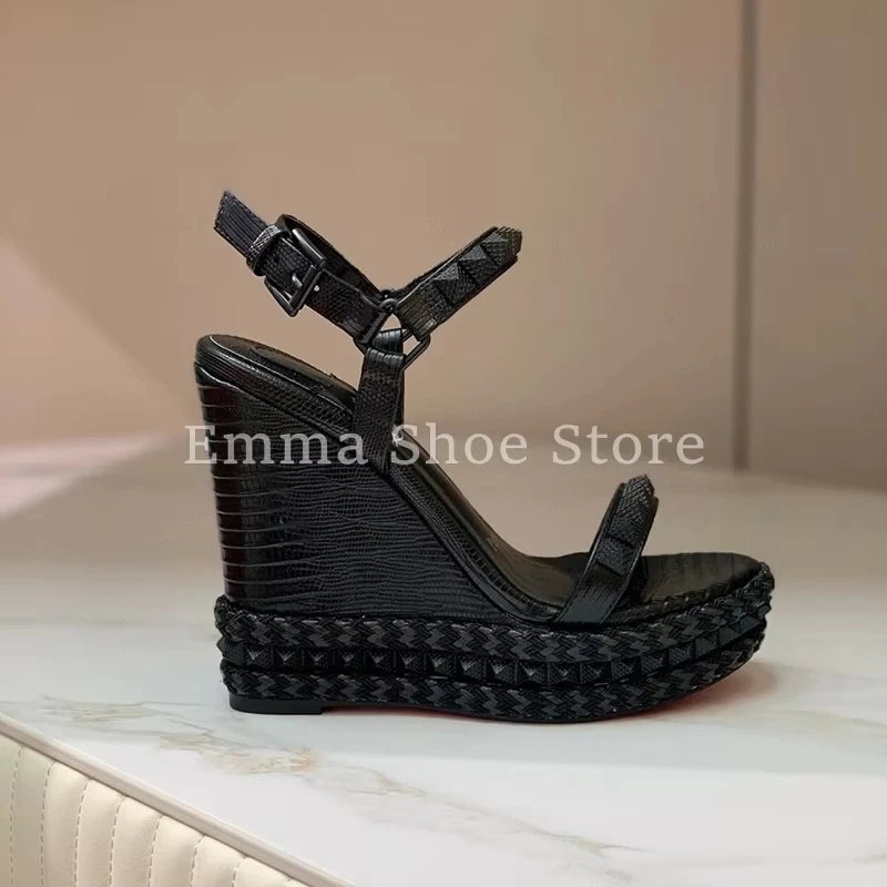 Visco Women's Summer Versatile Wedge Heel Dress Shoes Designer Buckle Platform Banquet High Heel Pumps Large Size Sandals