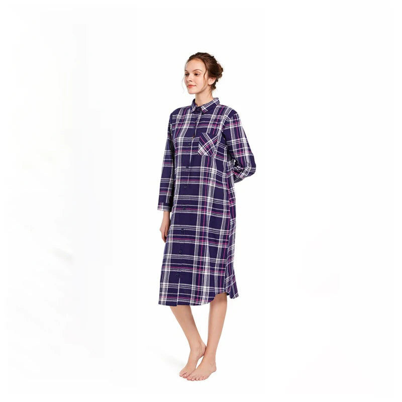 Maxy Ladies 100% Cotton Nightgown Plus Size Nightdress Long-sleeved Flannel Plaid Print Women Sleepwear Nightshirt Button UP Nightie