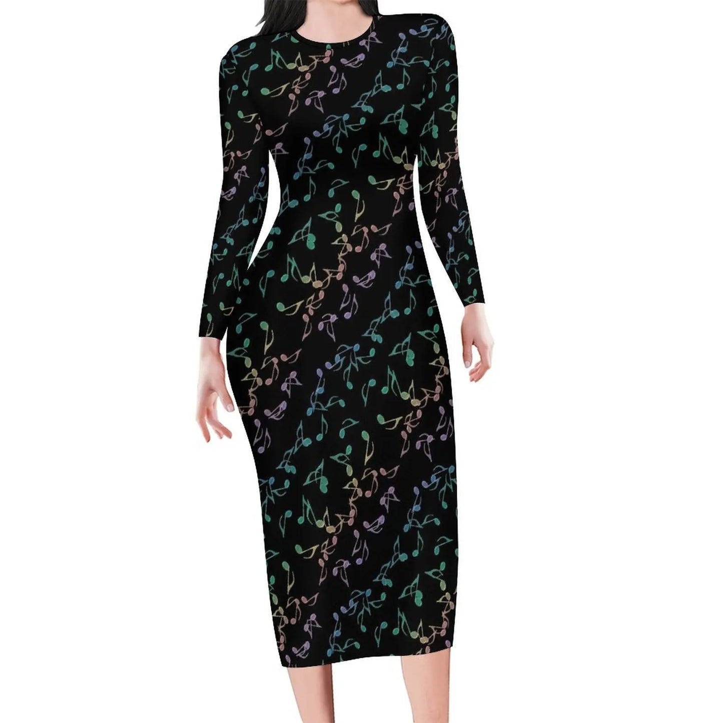 Amay Rainbow Music Notes Dress Long Sleeve Retro Print Kawaii Dresses Autumn Ladies Aesthetic Custom Bodycon Dress 3XL 4XL 5XL