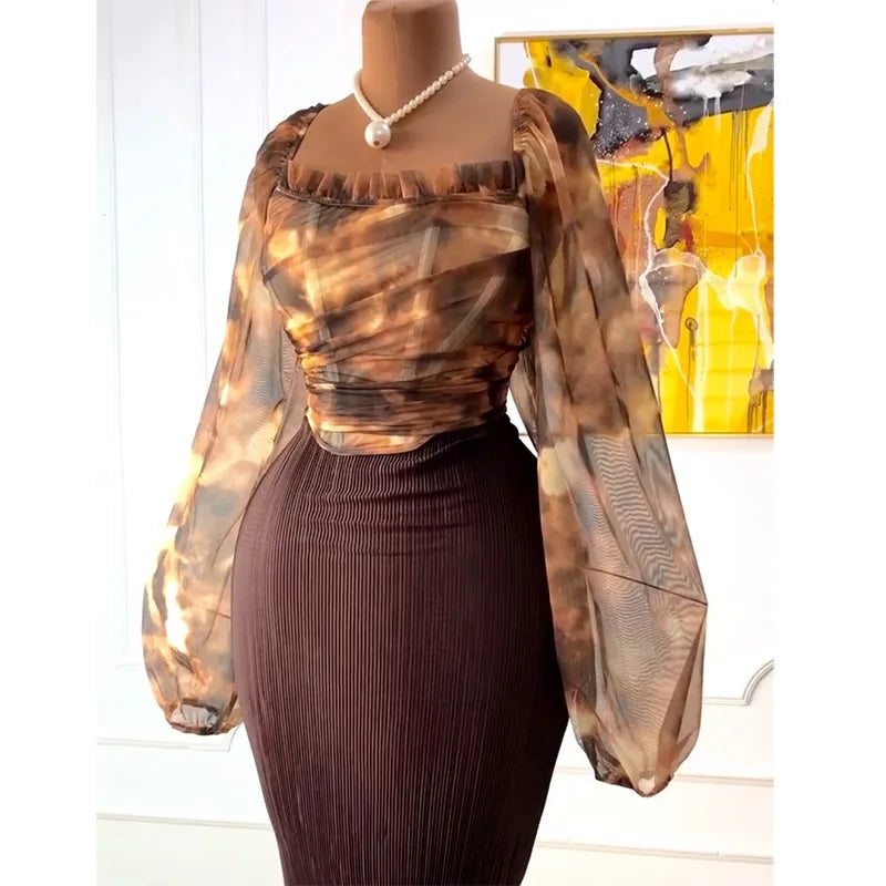 Maxy Two Piece Sets Women Skirt Set Dress Sets Sexy Square Collar Lantern Sleeve Elegant Bodycon Party Night Top Long Skirts