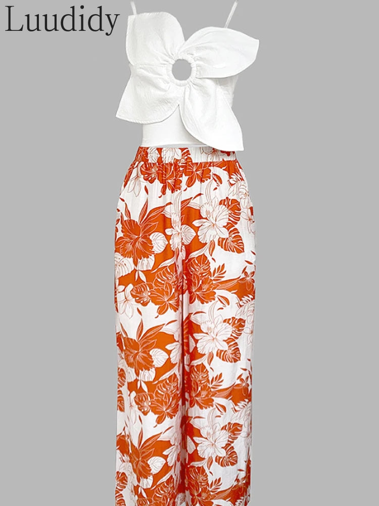 Maxy Two Piece Outfits Woman Asymmetrical Neck Spaghetti Strap Top and Casual Floral Print Wide Leg Pants Set