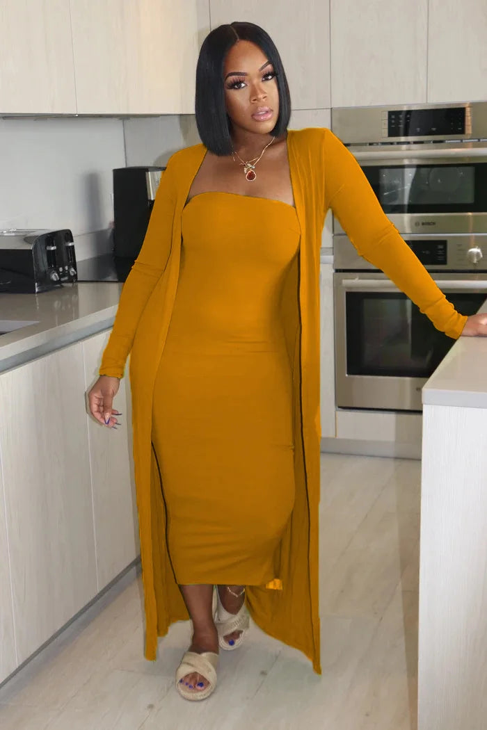 Maxy Casual Off Shoulder Bodycon Dress and Long Sleeve Cardigan Coats Women Solid Color Matching 2pcs Outfits Female Tracksuits