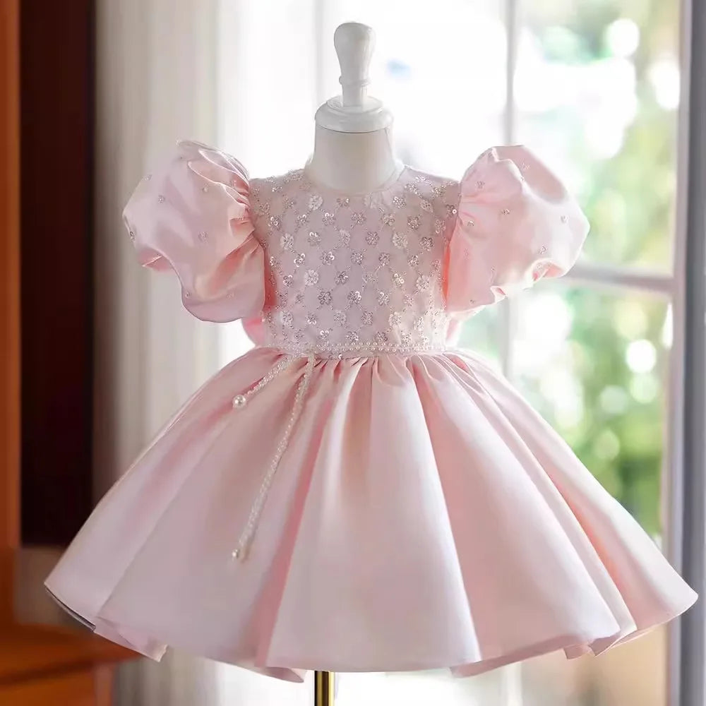 Maxy Princess Satin Beading Short Sleeve Flower Girl Dress Children First Communion Dress Ball Gown Wedding Party Dress Birthday Show