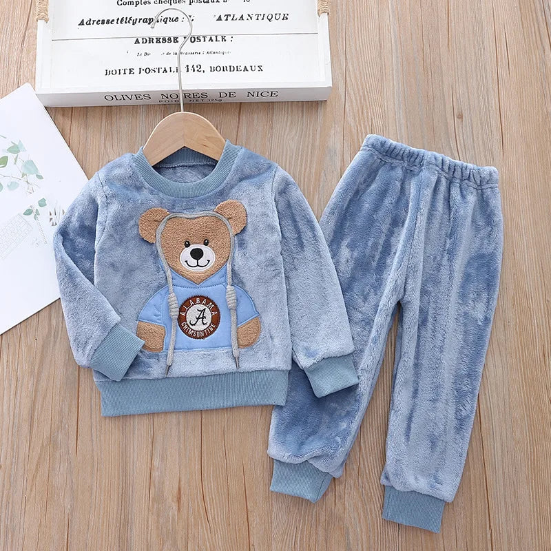 Babs Boy Clothing Set Autumn and Winter Velvet Thick Warm Casual Hooded Sweater Cartoon Cute Bear 3Pcs Toddler Girl Clothes Suit