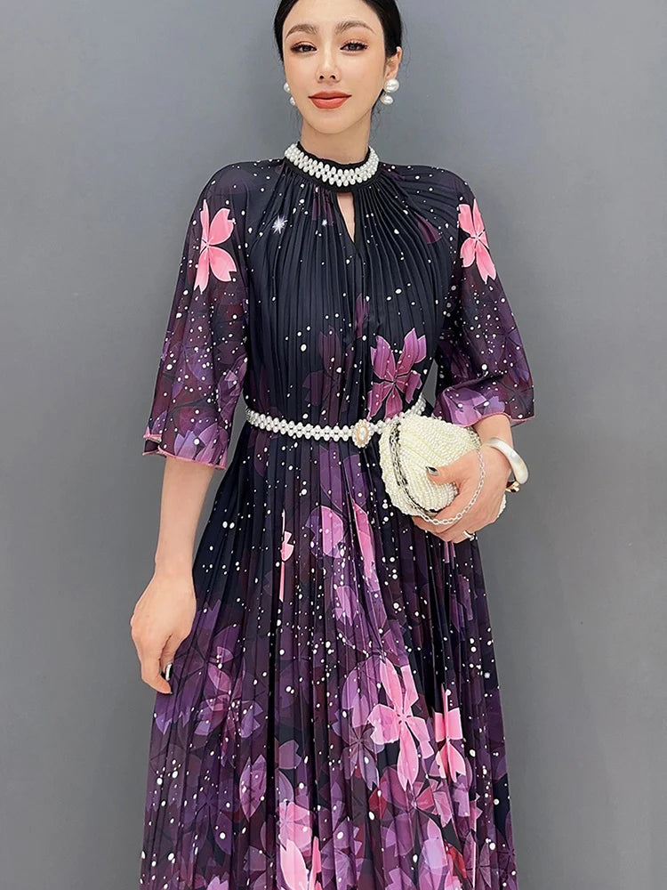 Babs Spring Summer New Hundred Pleated Printed Large Hem Dress For Women Diamond Inlaid Formal Dresses Clothes 5R9659