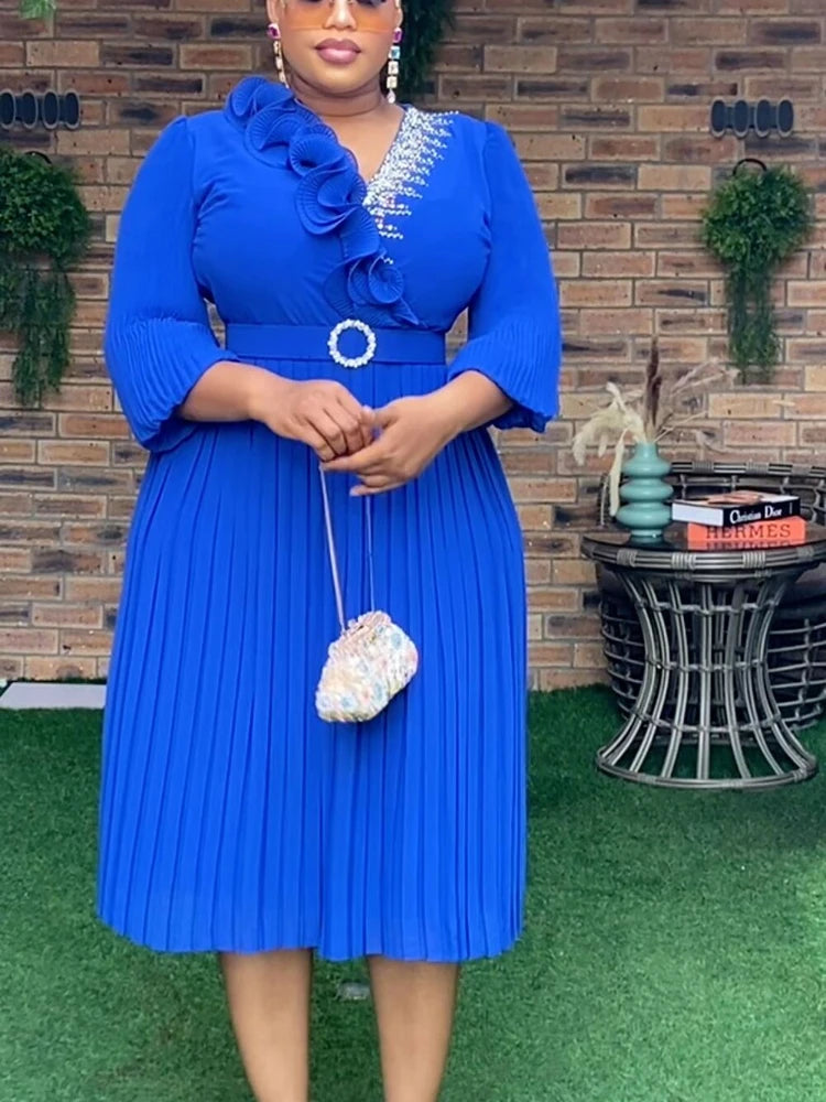 Amay Elegant Solid Color A-Line Dress with Tiered Design and Three Quarter Sleeves Featuring Rhinestone Details Party Evening Wear