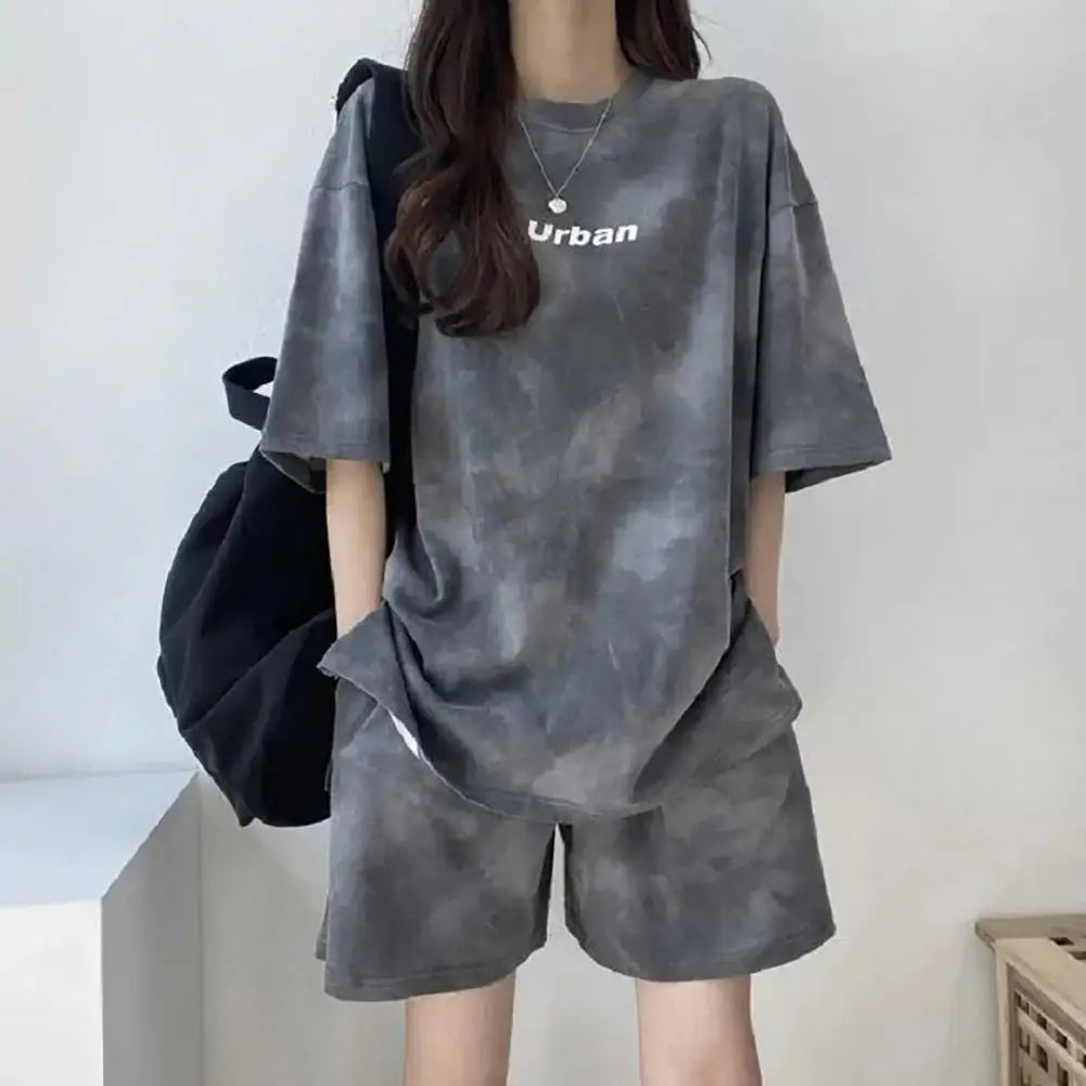 Maxy 2 Piece Suit Women T-Shirt Shorts Set Korean Fashion Tie Dye Loose Short Sleeve T-shirt And Wide Leg Set Students Sports Outfit