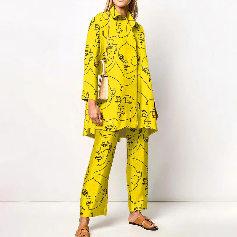 Maxy Autumn New Loose Vintage Printed Pant Sets Women Long Sleeve Shirts And Wide Legs Trousers Two Piece Set Fashion Streetwear