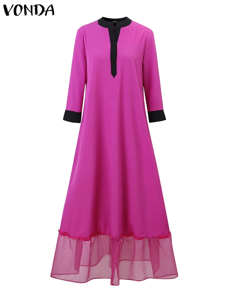 Maxy Plus Size 5XL VONDA Bohemian Women Color Patchwork Maxi Long Dress 3/4 Sleeve Mesh Party Sundress Buttons Casual Loose Vestidos