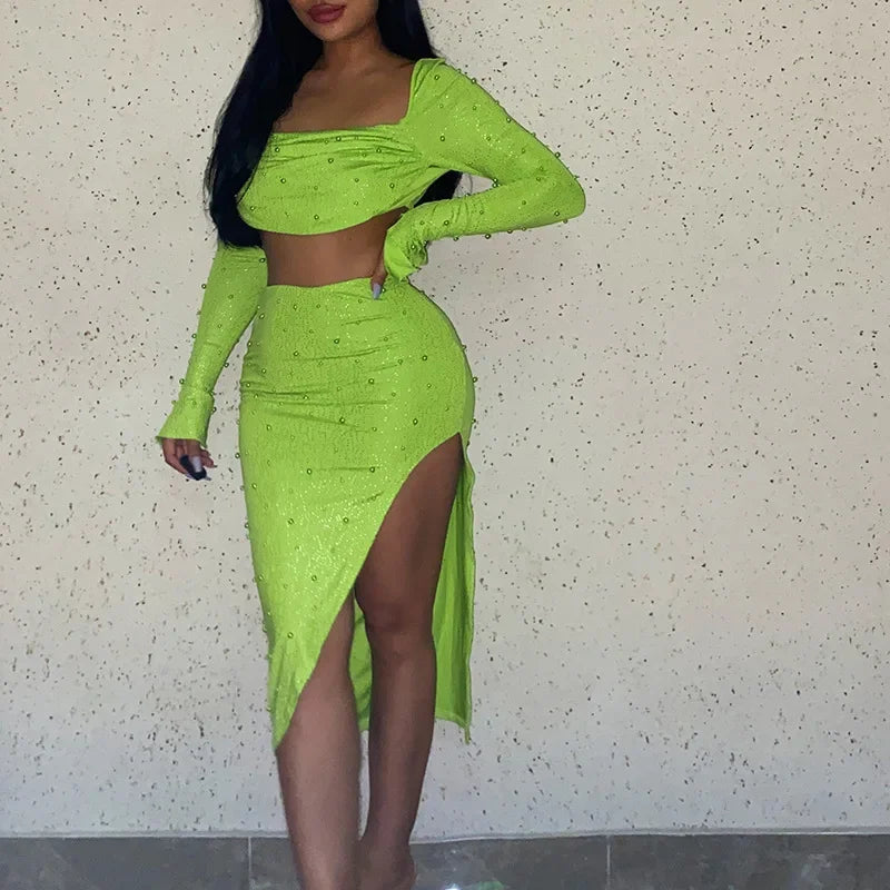 Maxy Luxury Y2k Bodycon Sexy Two-piece Set Skirt Sets Sequins Pearls Women Outfits Evening Party Gowns Chic Dresses Short Suits White