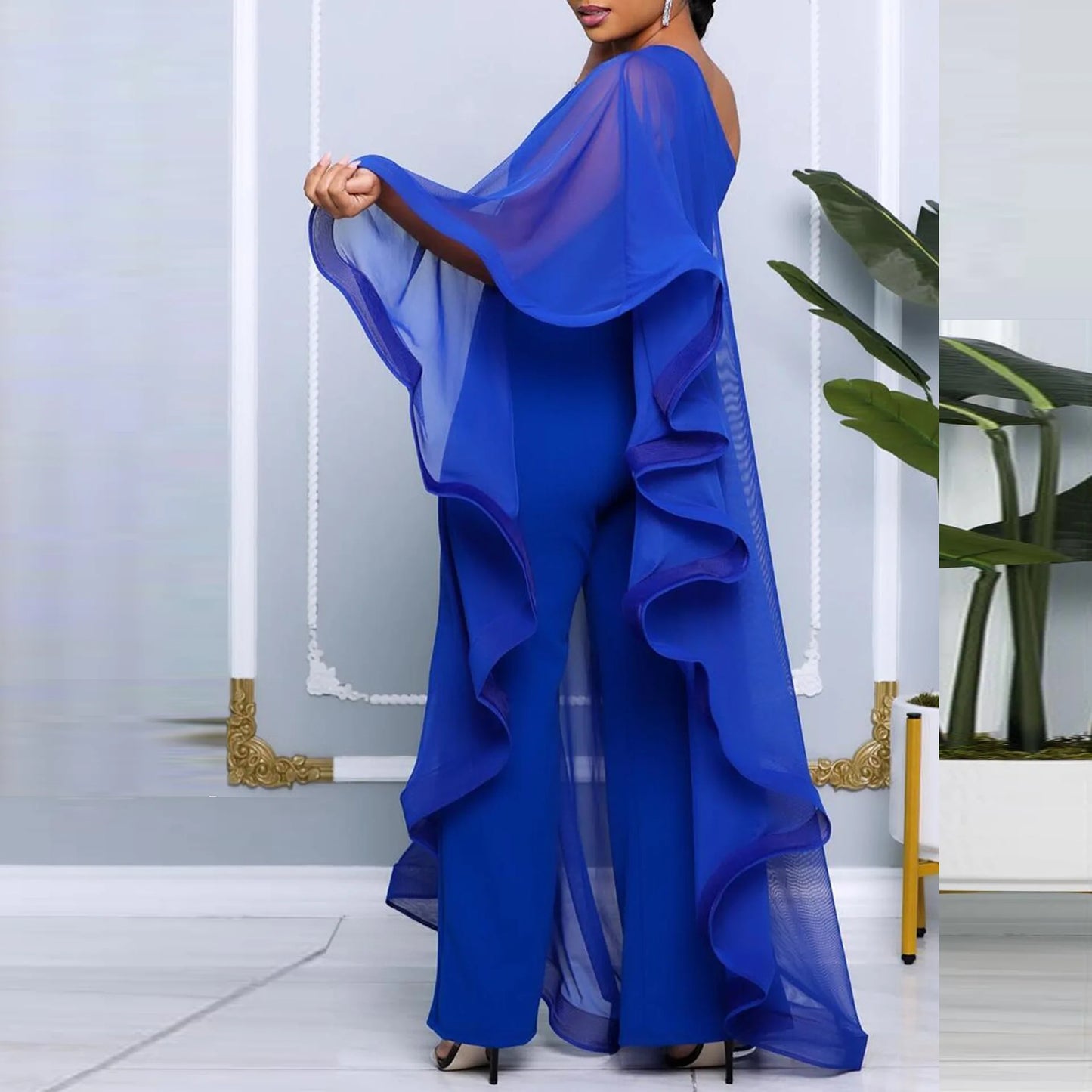 Amay Plus Size Mesh Elegant Jumpsuit Female One Shoulder Design Cloth Women One Piece Outfit Autumn Fashion Casual Jumpsuit