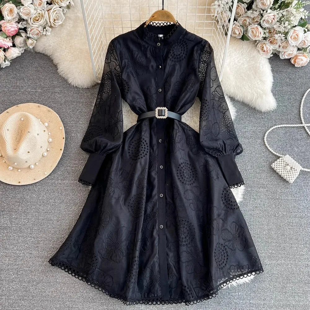Amay Luxury Vintage Women Embroidery Lace Hollow Out Spring Summer Stand Collar Lantern Sleeve Pearls Buttons Belt Party Evening Dres