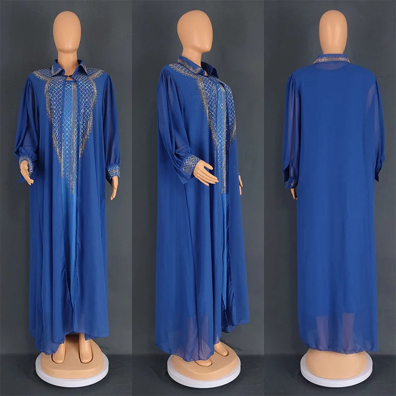 Maxy 2 Piece Set African Dresses for Women Evening Dress Diamonds Party Gown Dubai Abaya Kaftan Chiffon Wedding Outfit