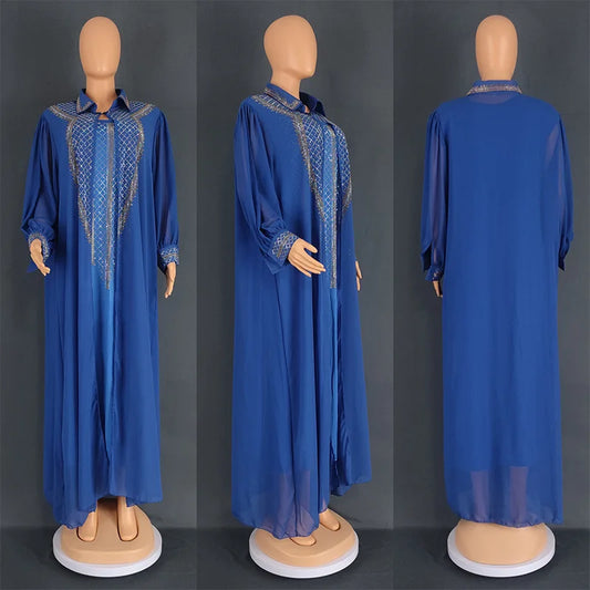Maxy 2 Piece Set African Dresses for Women Evening Dress Diamonds Party Gown Dubai Abaya Kaftan Chiffon Wedding Outfit