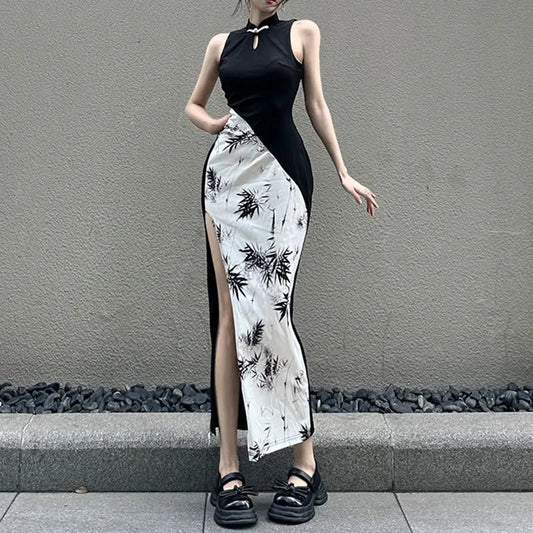 Amay Improved Modern Stand Collar Hollow Stitching Contrasting Color Sleeveless Dress Female Gothic Plate Buckle Slit Cheongsam Dress