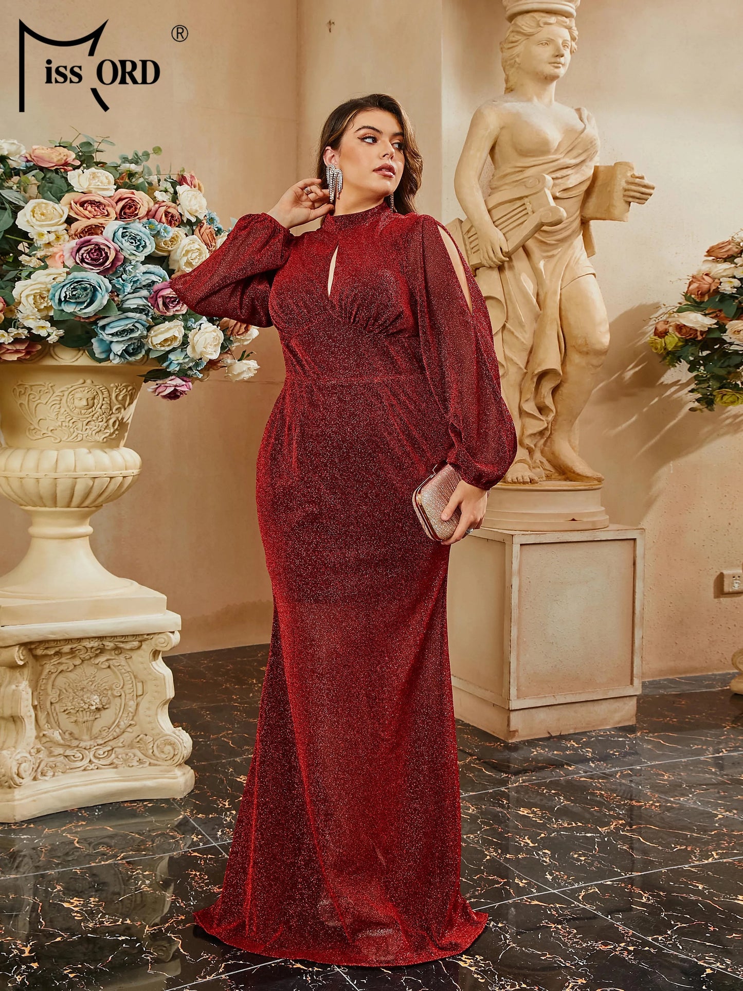 Maxy Plus Size Round Neck Cutout Burgundy Mermaid Prom Party Evening Dress