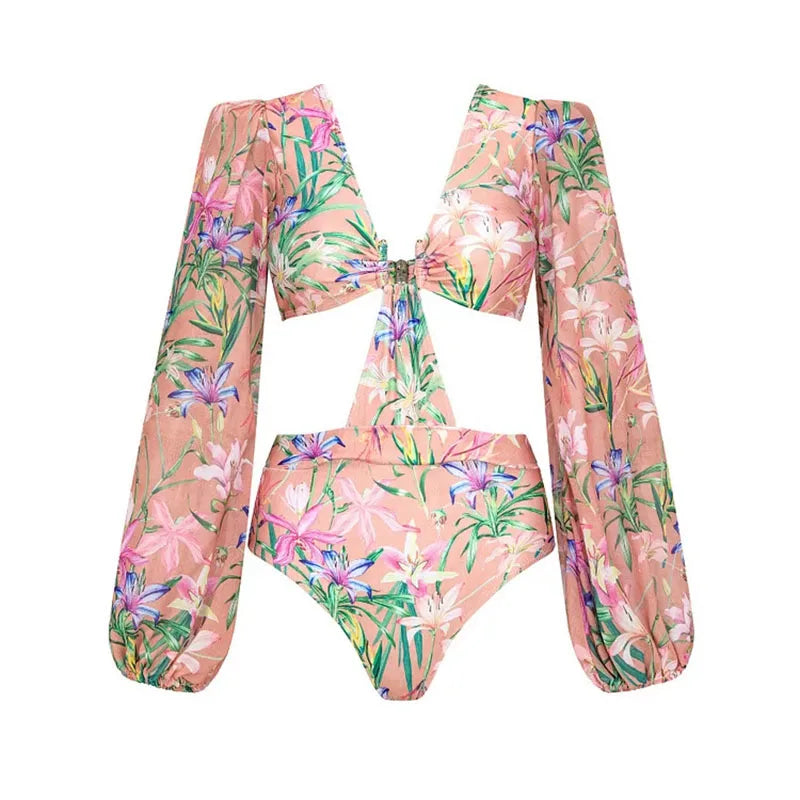 Maxy Women Swimwear Summer Floral Printed V-neck Swimsuit One-piece Bodysuit Bikini Set Beach Style Wear Maxy Dress Skirt Vacation