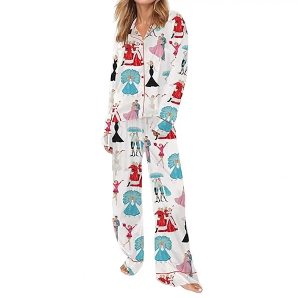 Women Long Sleeve Pajama Set Women Lapel Notch Collar Pajamas Colorful Christmas Pajamas Set with Satin for Women for Holidays