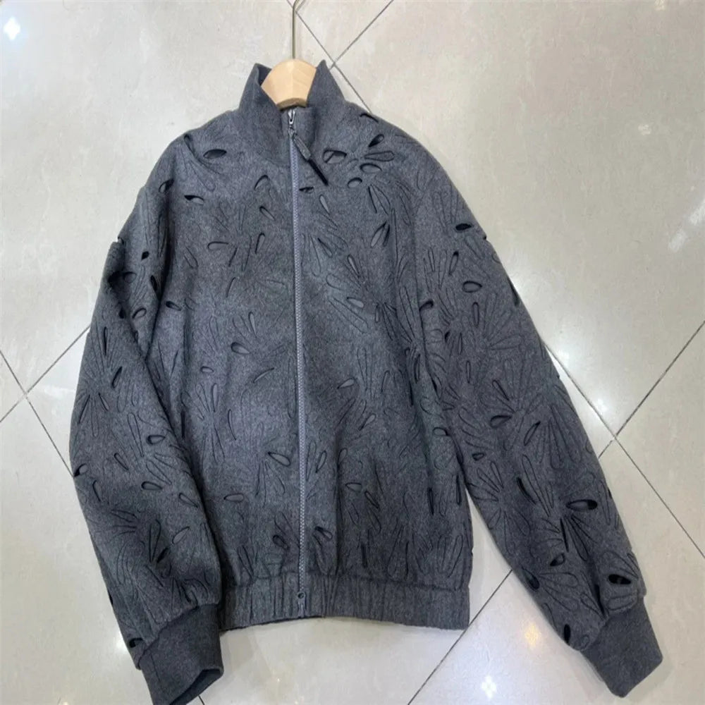 Maxy Autumn B*C Hollow Pattern Wool Short Jacket Coat + High Waist A-Line Skirt Women's Clothing 2-Piece Set