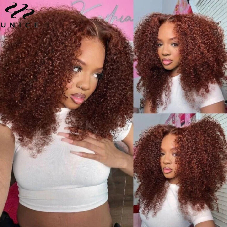 UNICE Hair 200% Density Reddish Brown Kinky Curly Lace Wig Pre Cut 6x4.75 Lace Closure Wig Glueless Wig Human Hair Ready To Wear