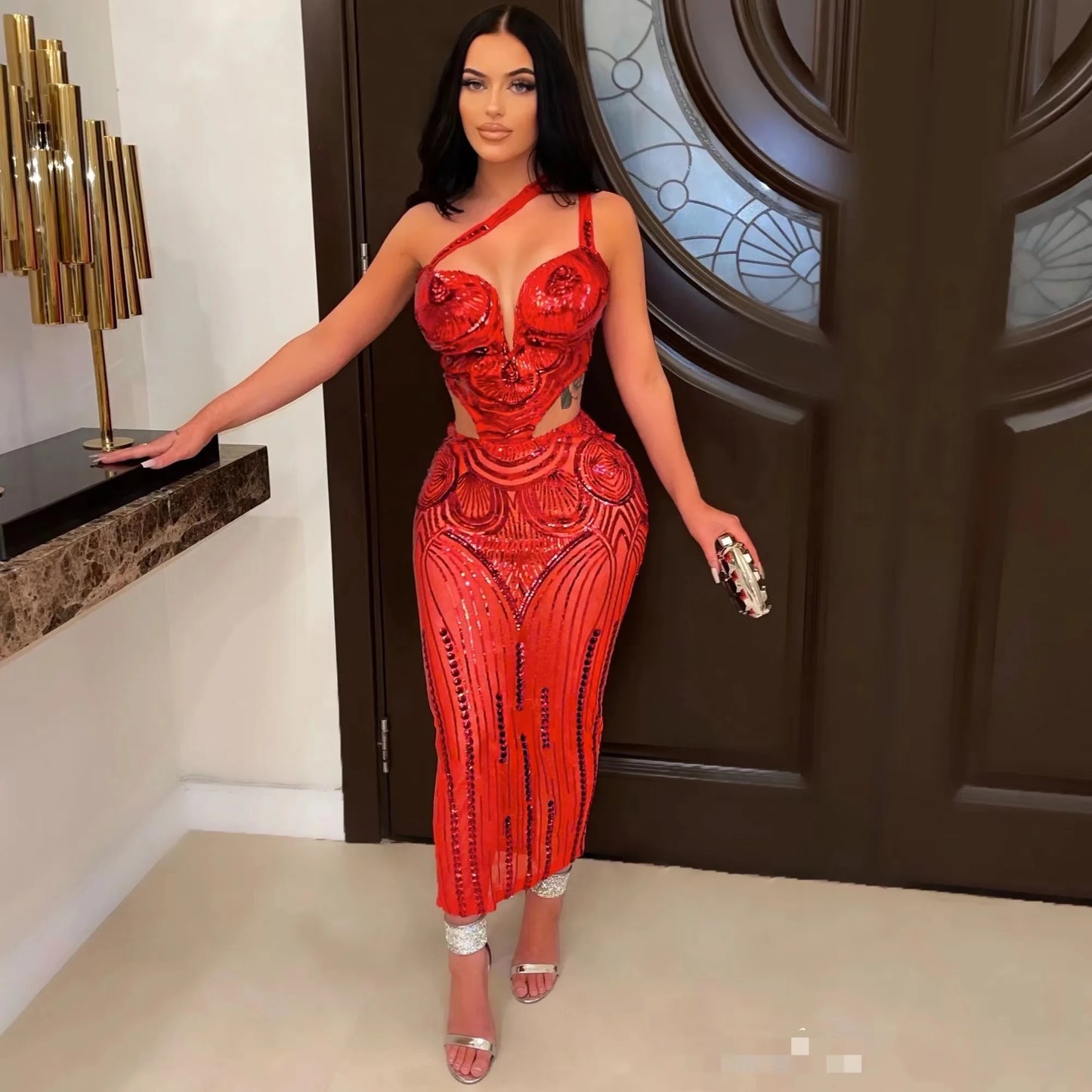 Babs High Quality Women Red Luxury Prom Gowns Cut Out Sequined Glitter Midi Calf Bodycon Dress Evening Club Party Birthday Dresses